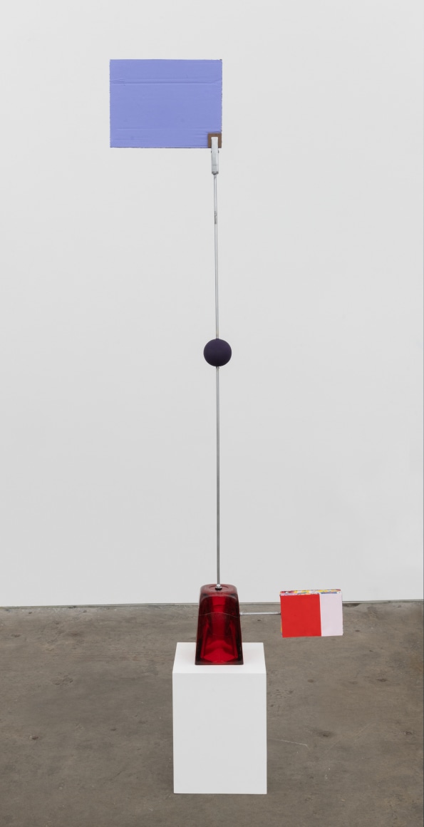 Shape Post, 2022, metal rods, clamp, wooden ball, glass vase, canvas panels, dress fabric, paper, Flashe acrylic