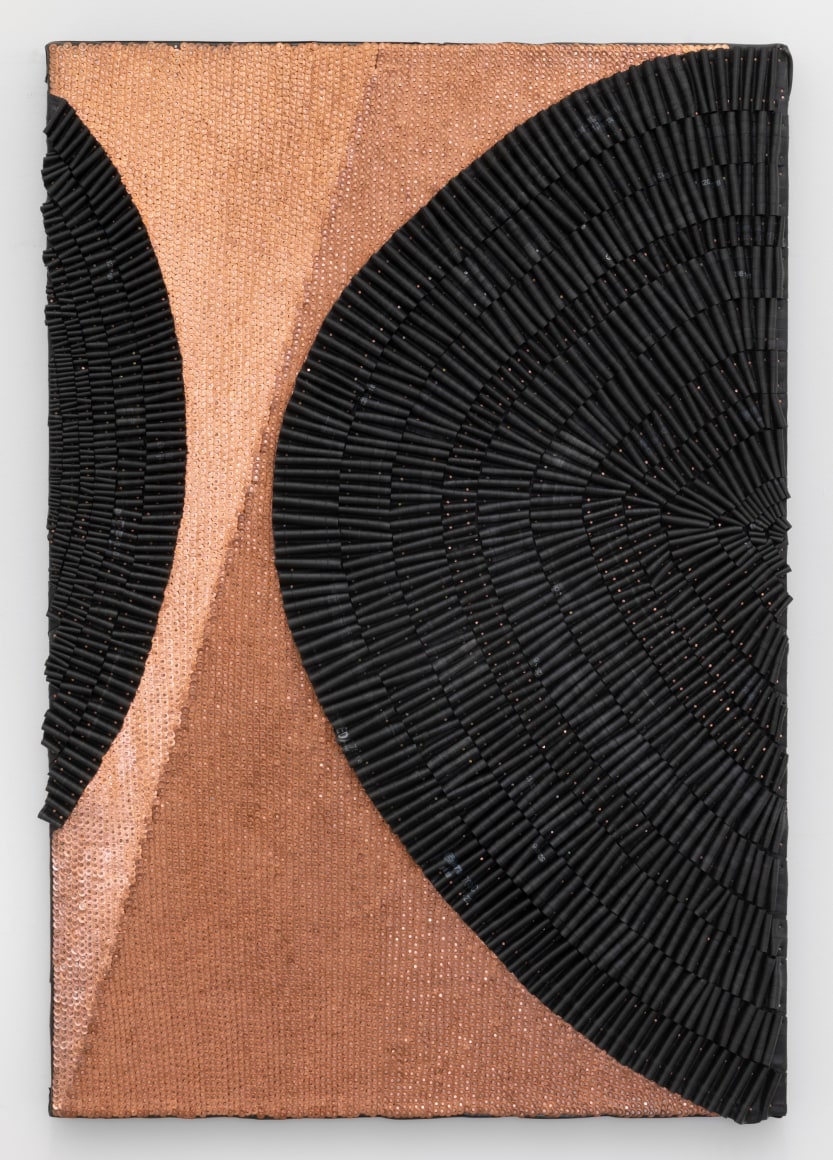 Light Falls, 2020, recycled rubber bicycle inner tubes, copper washers, copper nails, wood