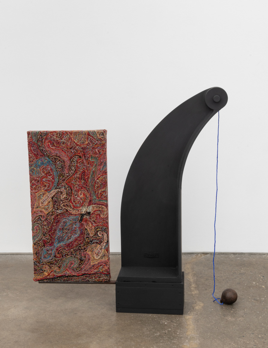 Blue string, Paisley curves, 2021, found form, metal, canvas, panel, blue string