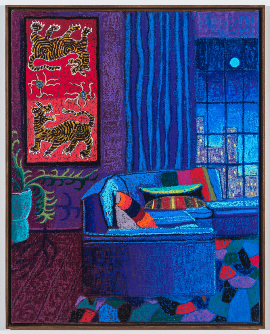 NYC Interior with Tibetan Tapestry, 2021, oil stick, oil pastel, and Flashe on linen
