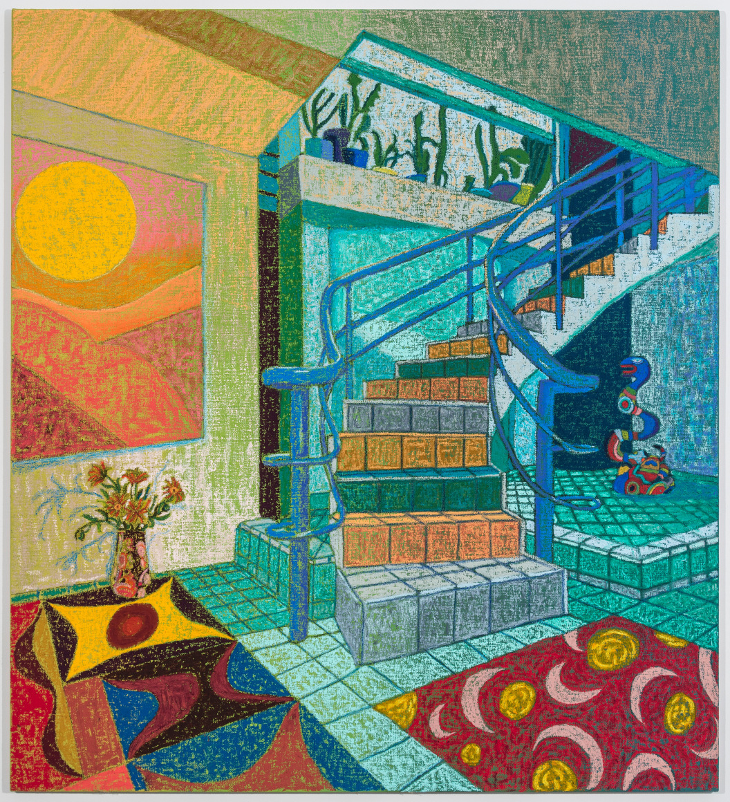 Interior with Niki de St. Phalle & Sophie Taeuber-Arp, 2021, oil stick, oil pastel, and Flashe on burlap over canvas