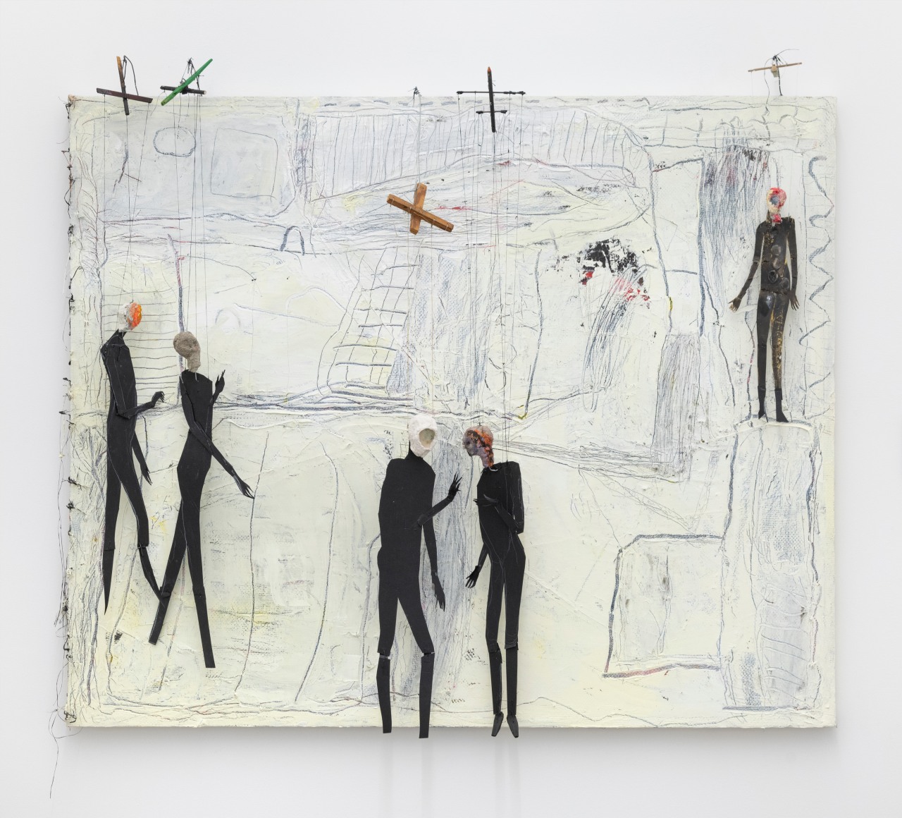 Elemental Theatre, 2022, oil, acrylic, ink, pigments, and ash on monk’s cloth, Papier-mâché, paper, wood, string, and wire