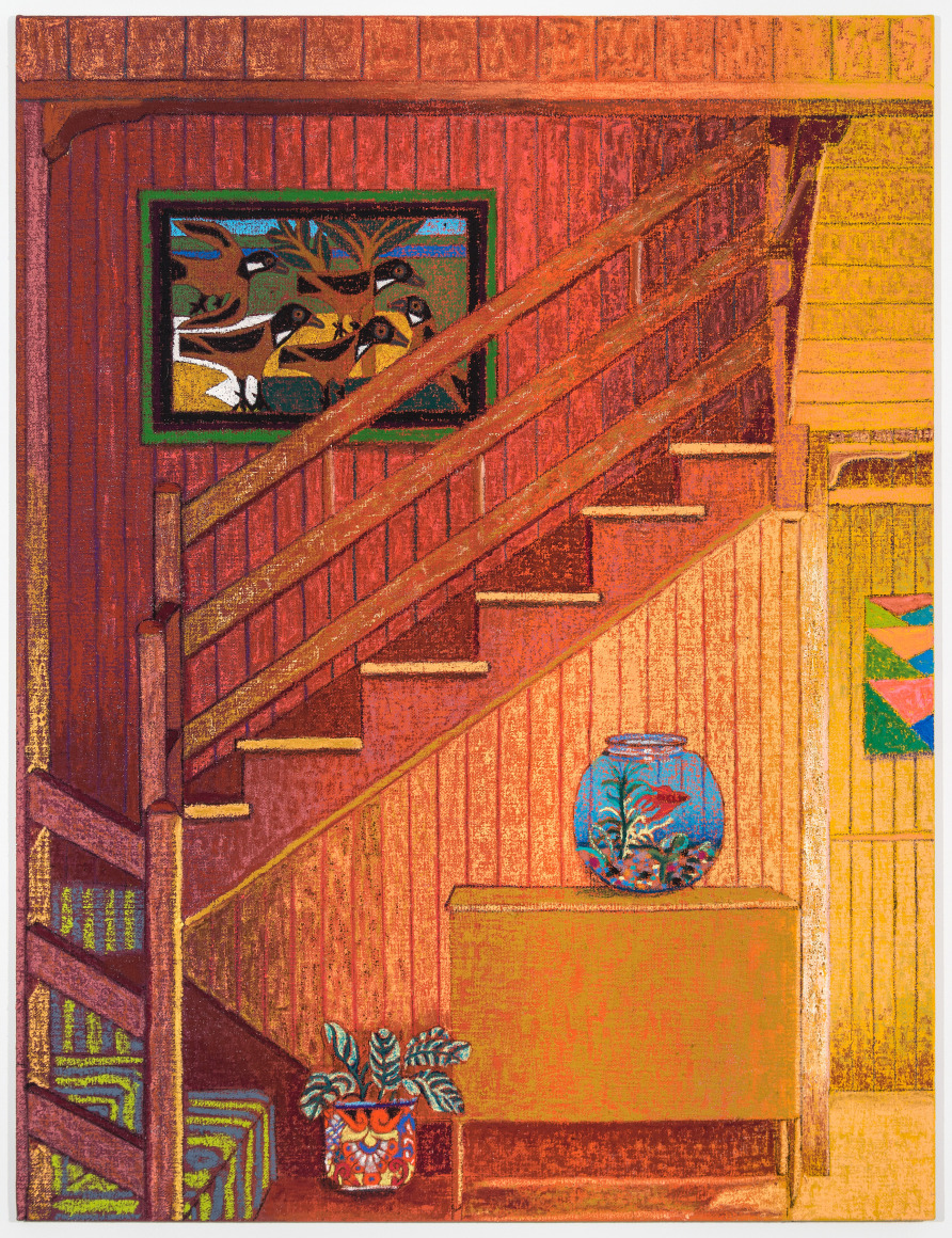Interior with Eddie Arning, Beta Fish, & Mexican Vase, 2021, oil stick, oil pastel, and Flashe on burlap over canvas