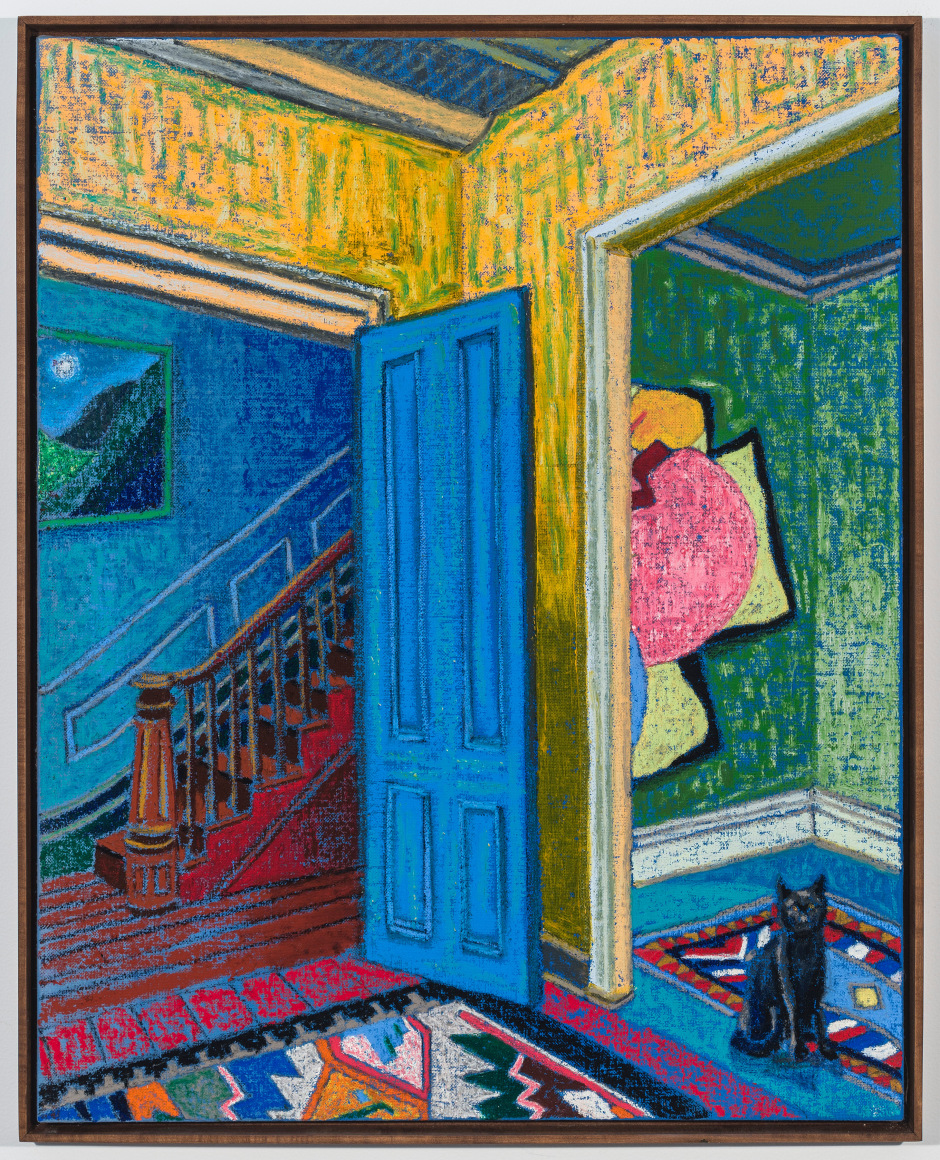 Interior with Elizabeth Murray, 2021, oil stick, oil pastel, and Flashe on linen
