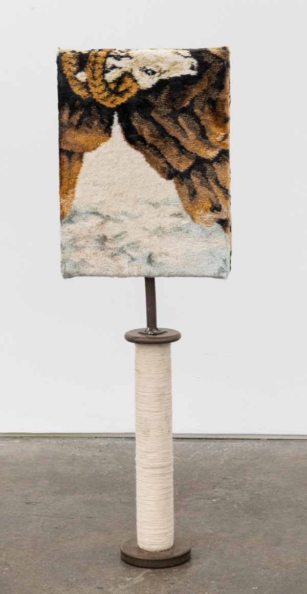 Sentinel, 2020, canvas panels, metal post, industrial textile spool