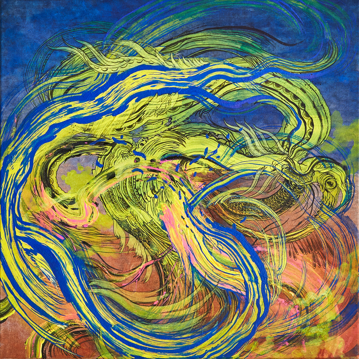 Yellowave (Blue), 2021, ink and acrylic on Hanji mounted on canvas