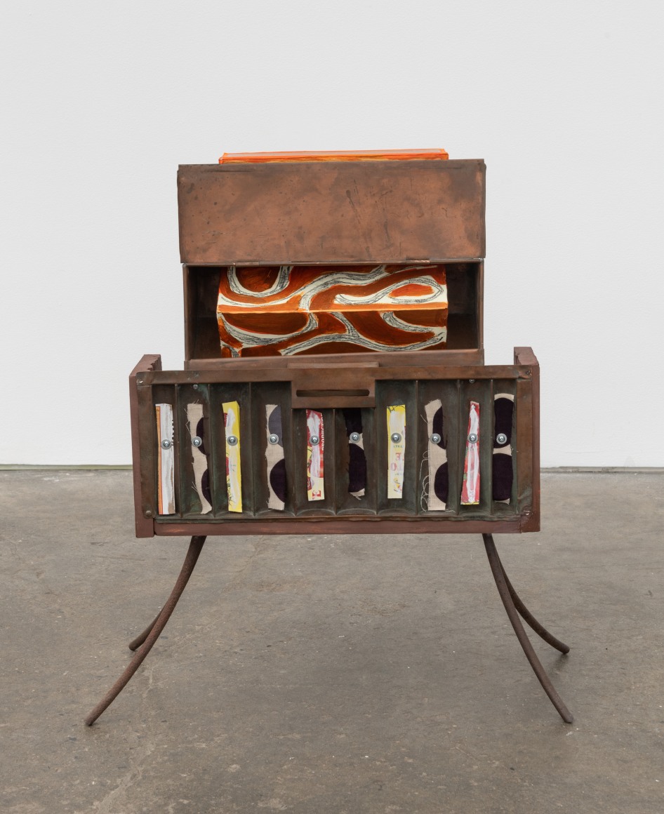Fireplace, 2021, metal, coin tray, cardboard boxes, wooden blocks, fabric, Flashe acrylic