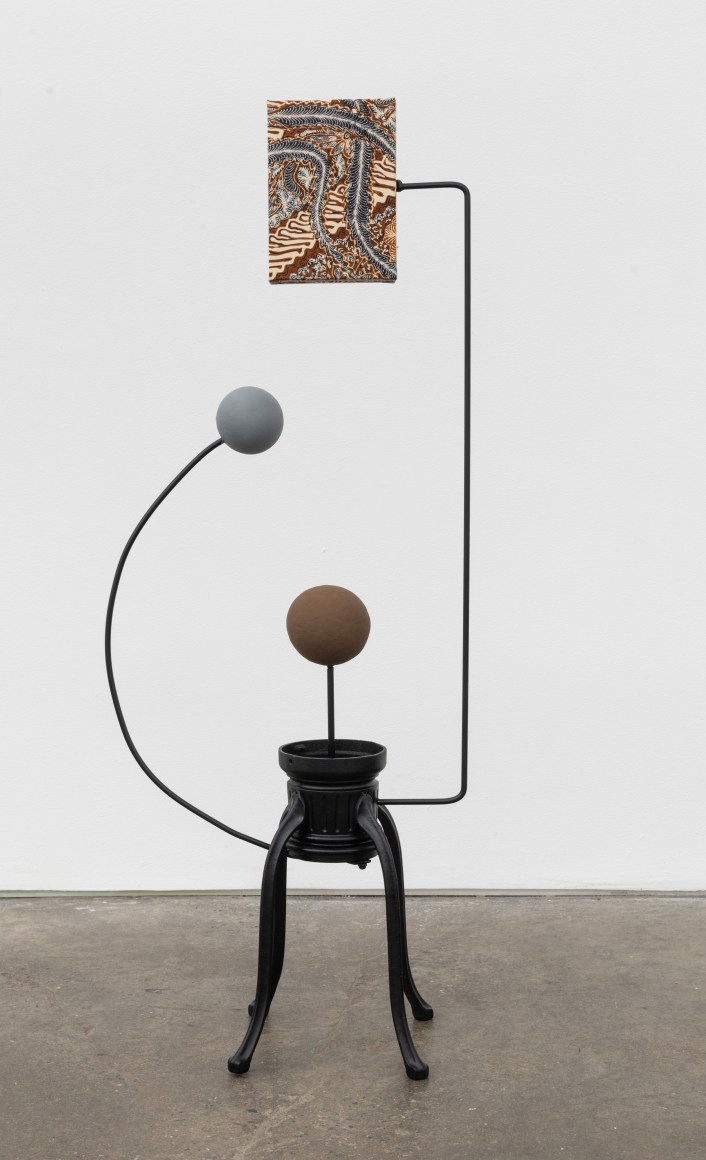 Sort of: Orrery, 2021, canvas panels, metal, wooden balls, batik fabric