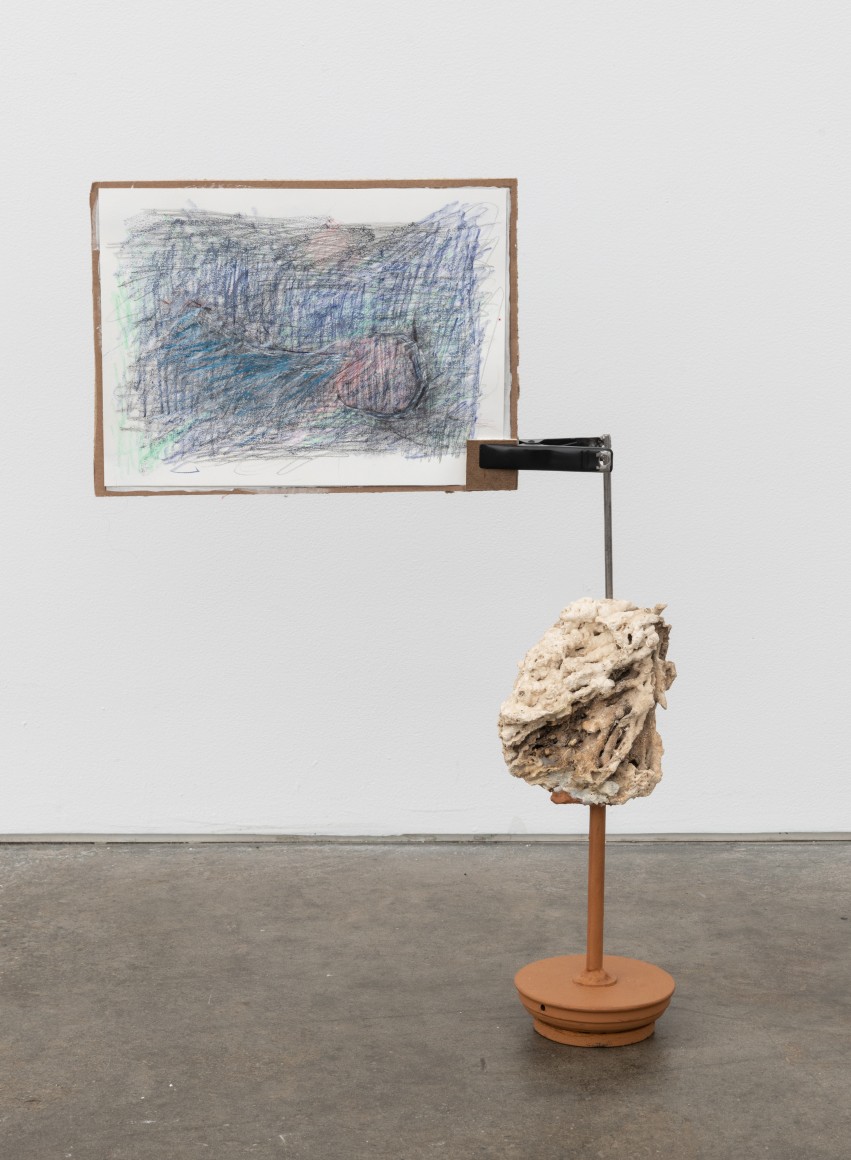 Blue Screen with Scribble Drawing, 2021, bleached coral, metal, wood, cardboard, paper, pencil, Flashe acrylic