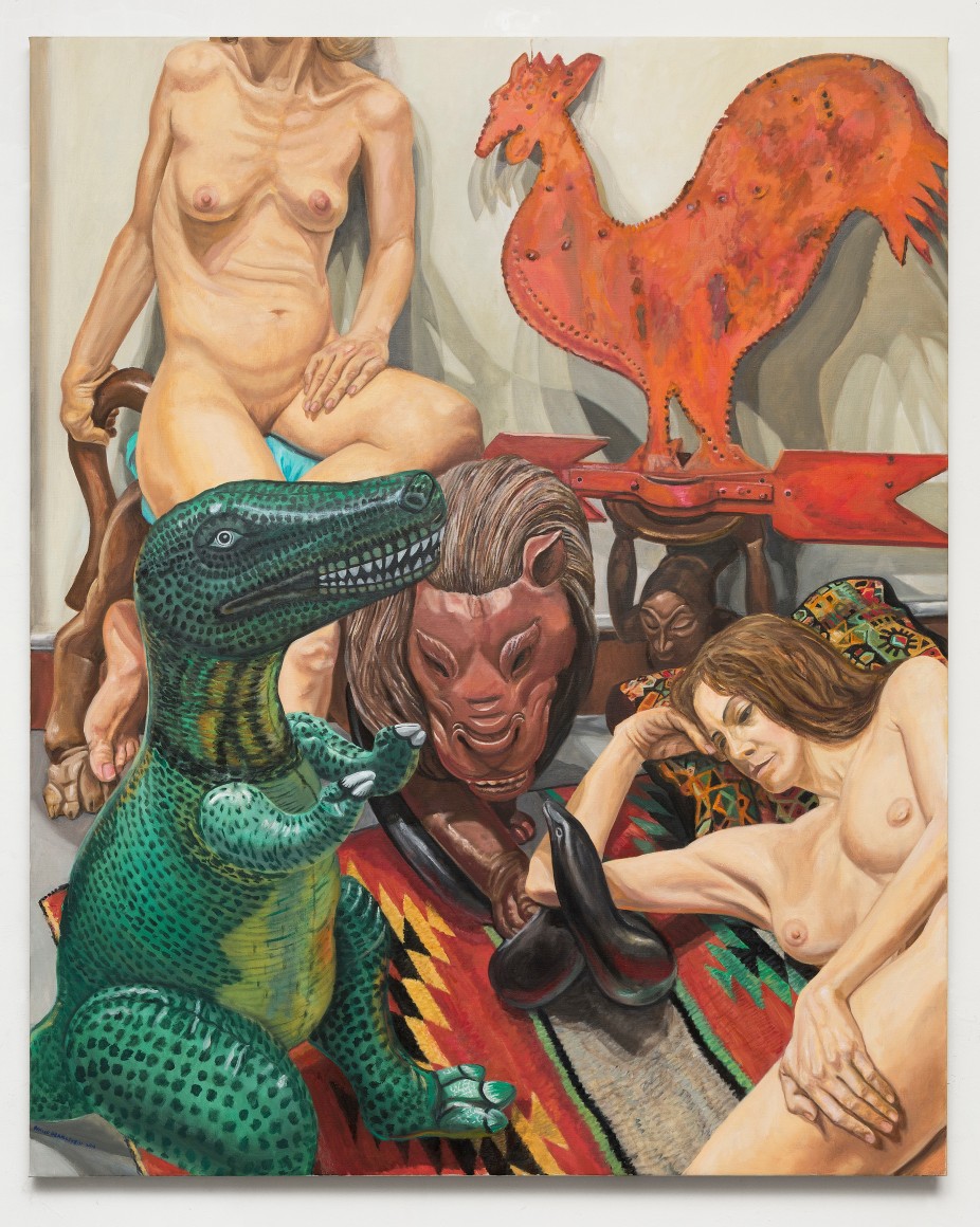 Image of Two Models, Rooster Weathervane, Luna Park Lion and Blow-up Dinosaur