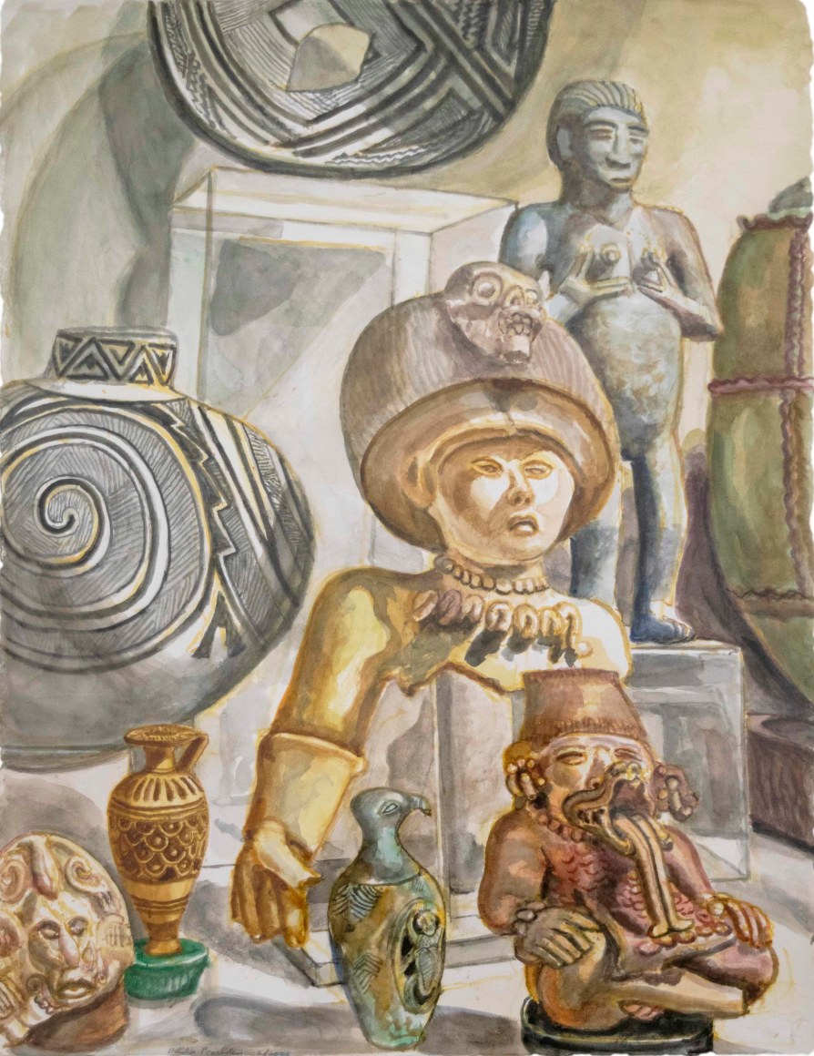 Philip Pearlstein watercolor showing antiquities on a shelf