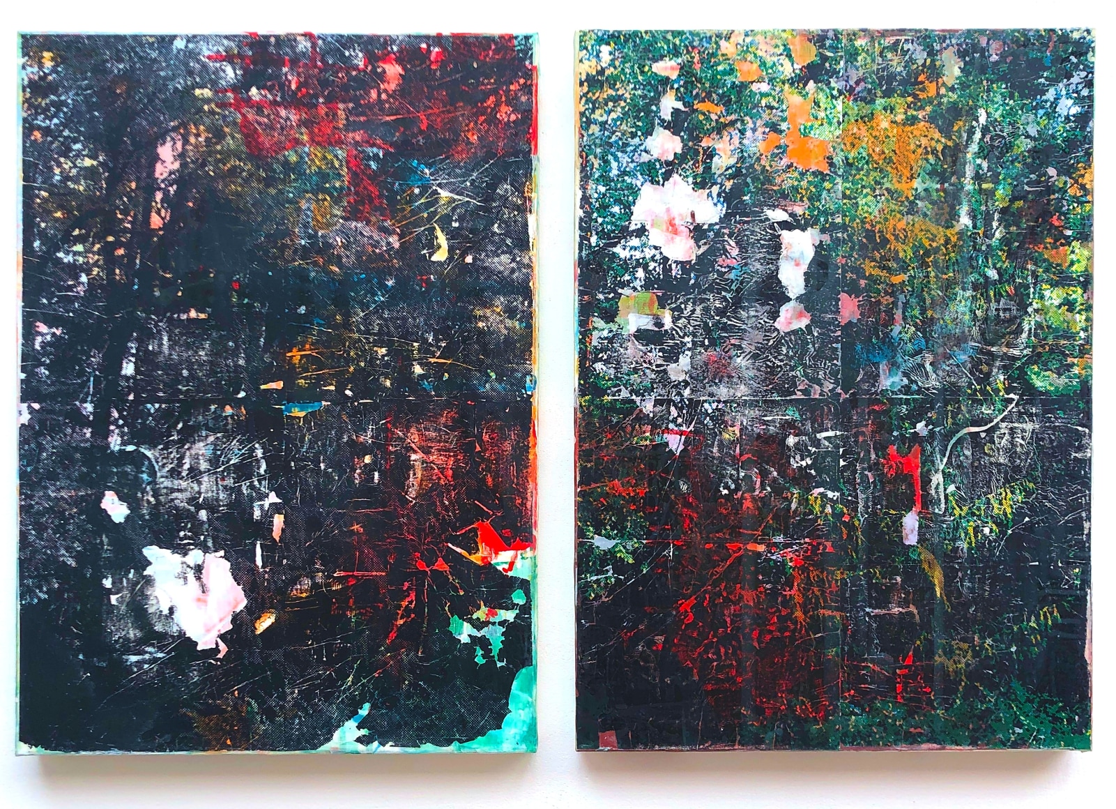 Adam Helms  Pan Is Dead. (The Spring Trance), 2022  Ink jet transfer process and acrylic on canvas  Diptych overall: 80 x 120 cm | 31.5 x 47 in