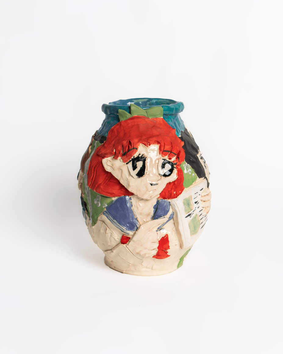 Emily Yong Beck  School Girls, 2023  Stoneware, majolica, and glaze  25 x 21.5 x 20 cm / 10 x 8 1/2 x 8 in