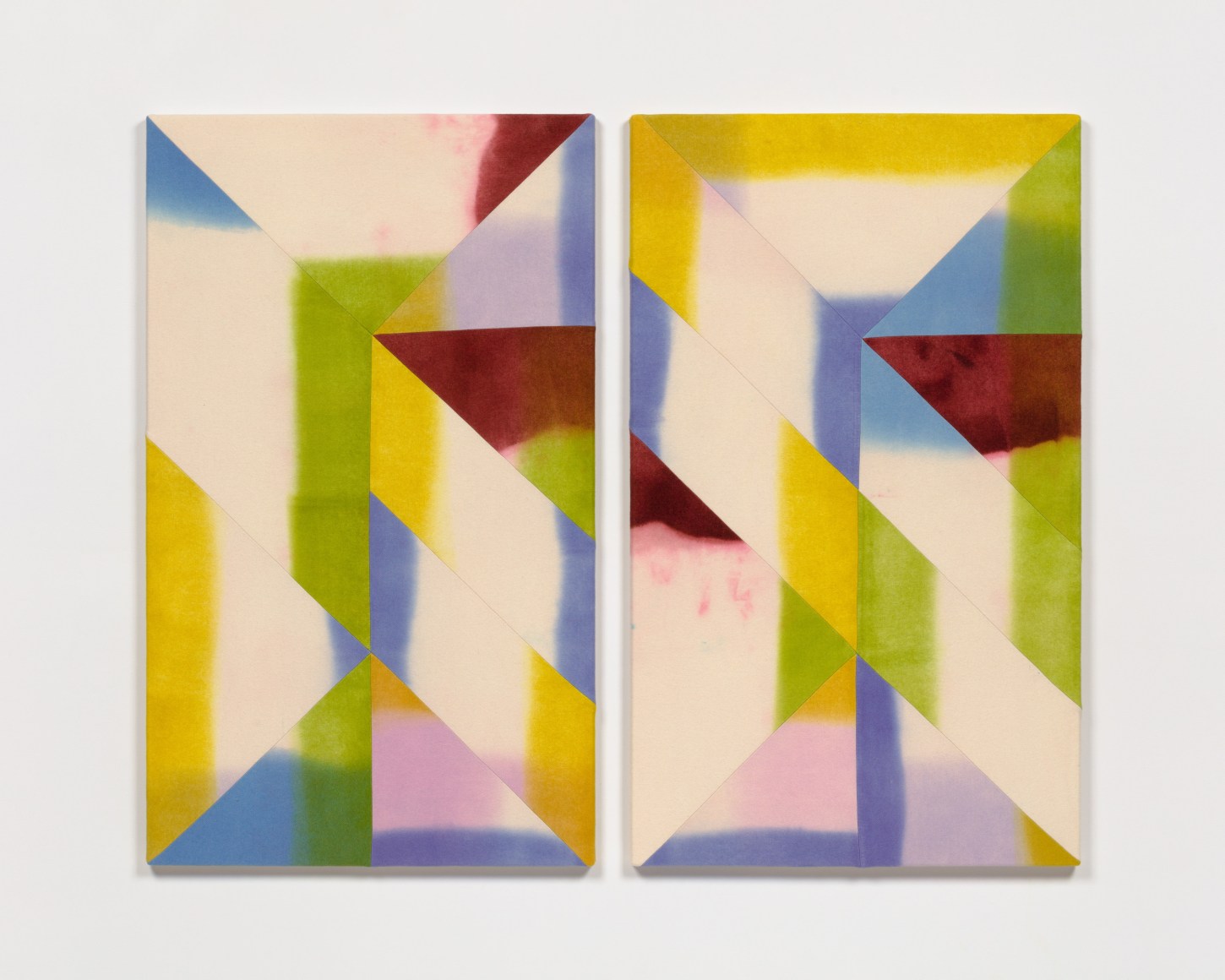 Wilder Alison (b. 1986)  re-re-re-re-re-b onjour, 2021  Dyed wool and thread  2 parts, each 68.5 x 117 cm / 27 x 46 in SPACING: 5.5 cm / 2.25 in Total: 143 x 117 cm / 56.25 x 46 in