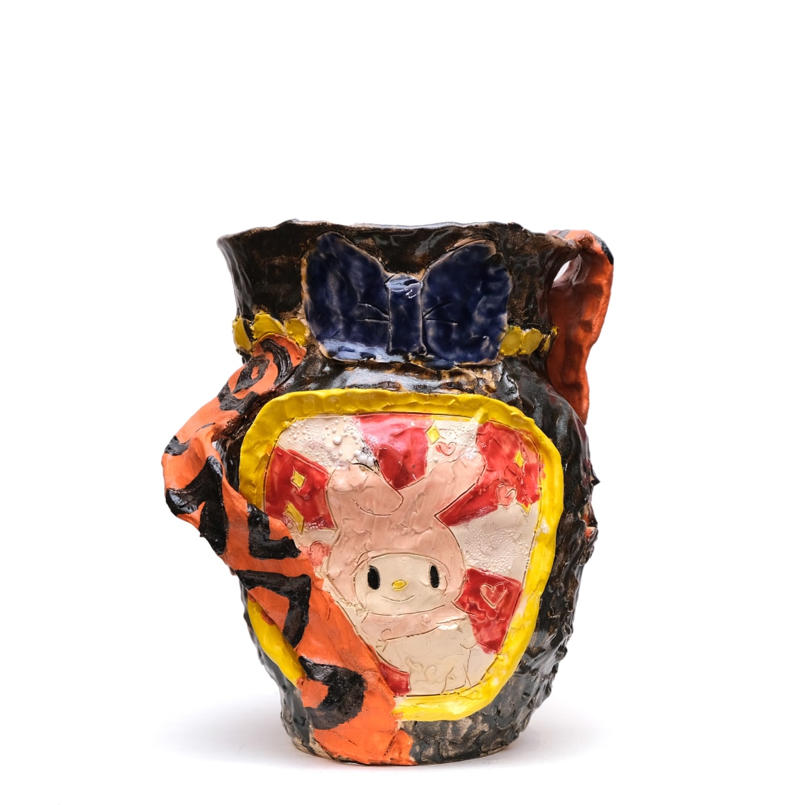 Emily Yong Beck  Horangi vs Kuromi & My Melody, 2022  Stoneware, glaze, majolica, and underglaze  27 x 22.5 x 19 cm / 10 3/4 x 8 7/8 x 7 5/8 in