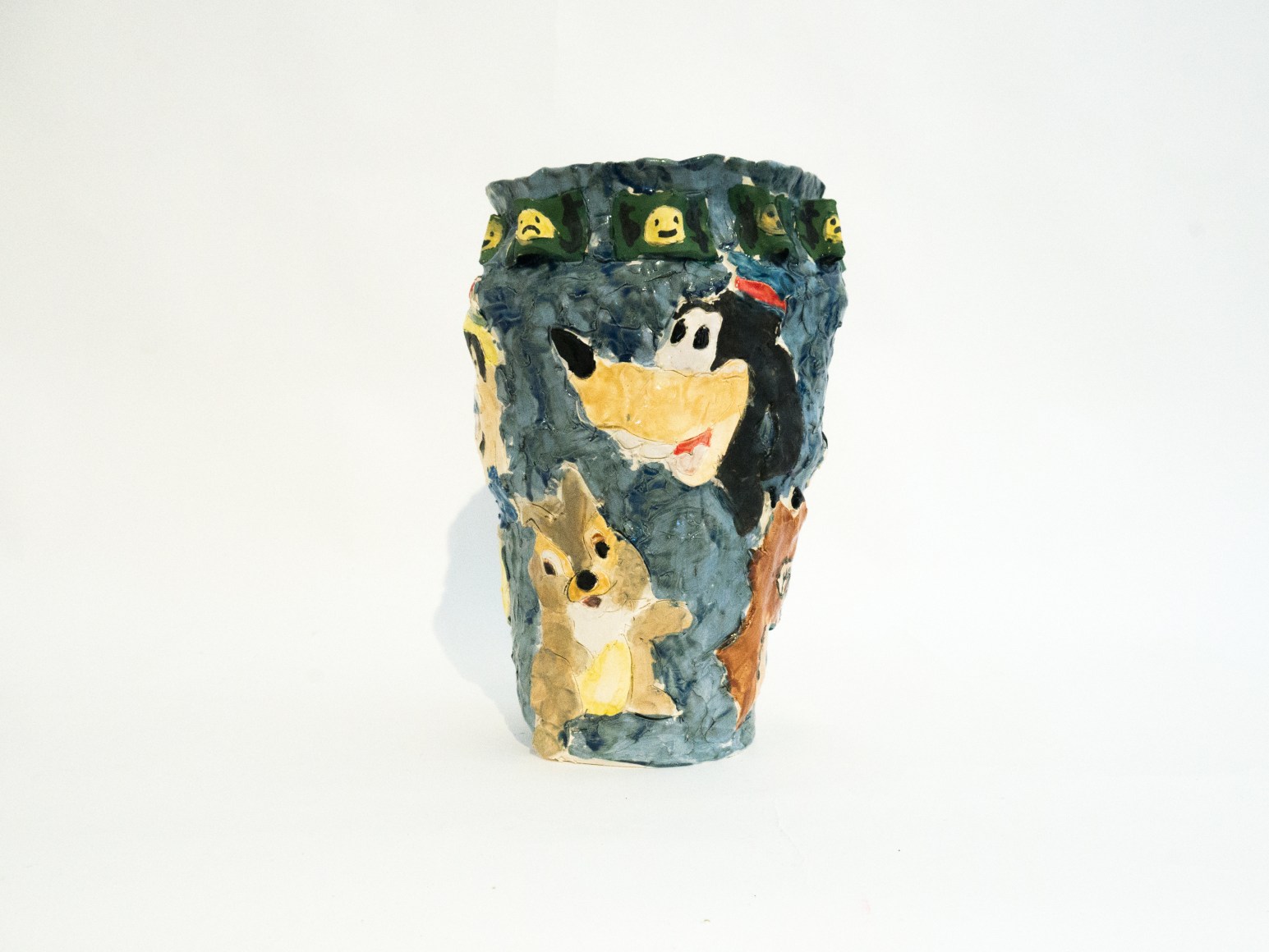 Emily Yong Beck  Disney War Bond Friends, 2022  Stoneware, glaze, majolica and underglaze  35.5 x 22.8 x 20.3 cm / 14 x 9 x 8 in
