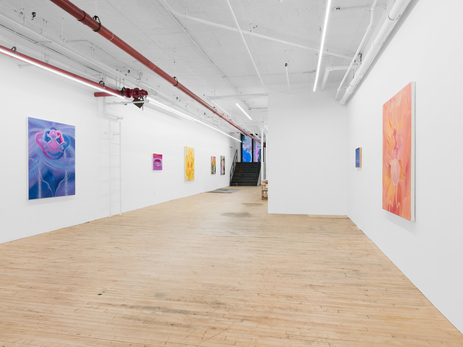 Two walls on the two sides have paintings installed on them. A black stair leading to a glass door is located in the center at the end of the two walls. The space also has a light beige wooden floor and red and white pipes.