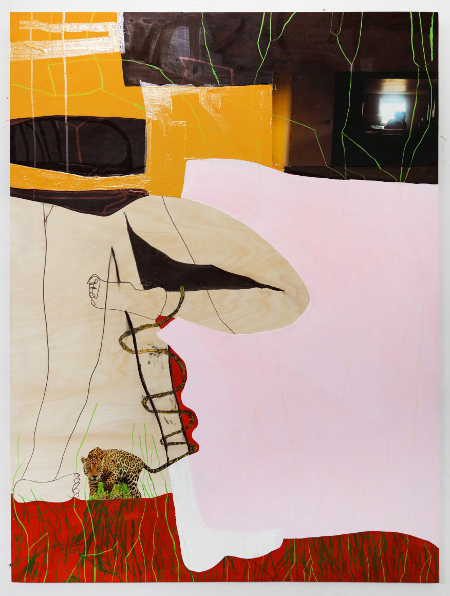 Dani (Leventhal) ReStack  Tube Socked, 2021  Video screen shots from &quot;Future From Inside&quot; by Dani + Sheilah ReStack, acrylic, graphite, gouache, charcoal, tattoo sticker on panel  122 x 91.5 cm / 48 x 36 in