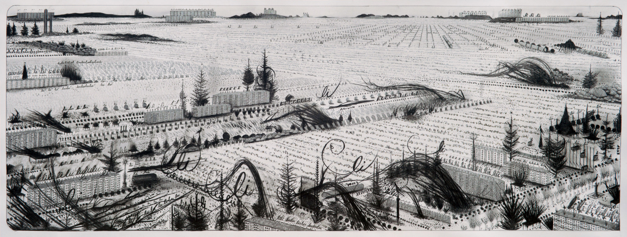 Hipkiss  Somerset Levels, 2021  Graphite, silver ink and colored pencil on 220 g/m2 Fabriano 4 paper  37 x 95 cm / 14 1/2 x 37 1/2 in