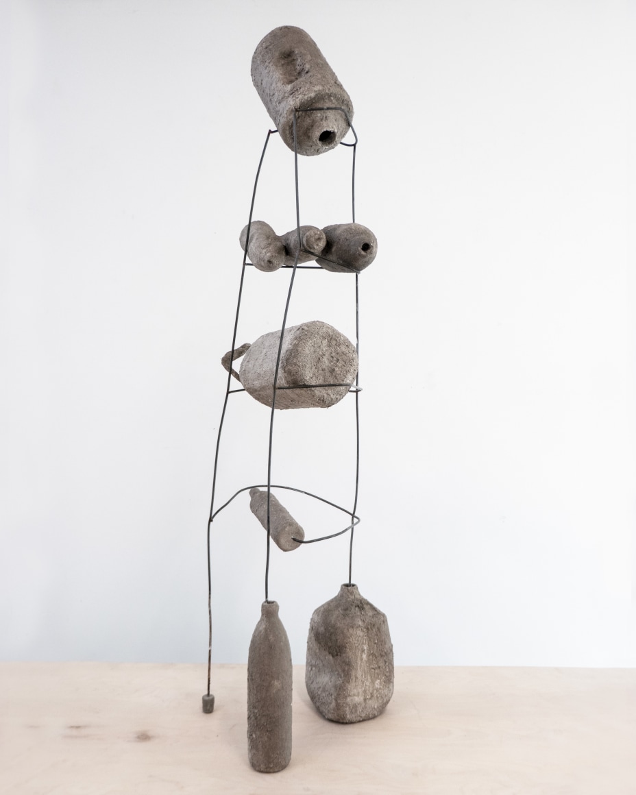 Erin Woodbrey  Waters (From The Carrier Bag Series), 2023&nbsp;  Single-use containers, ash, plaster, gauze, wire&nbsp;  137 x 25 x 33 cm | 55 x 10 x 13 in