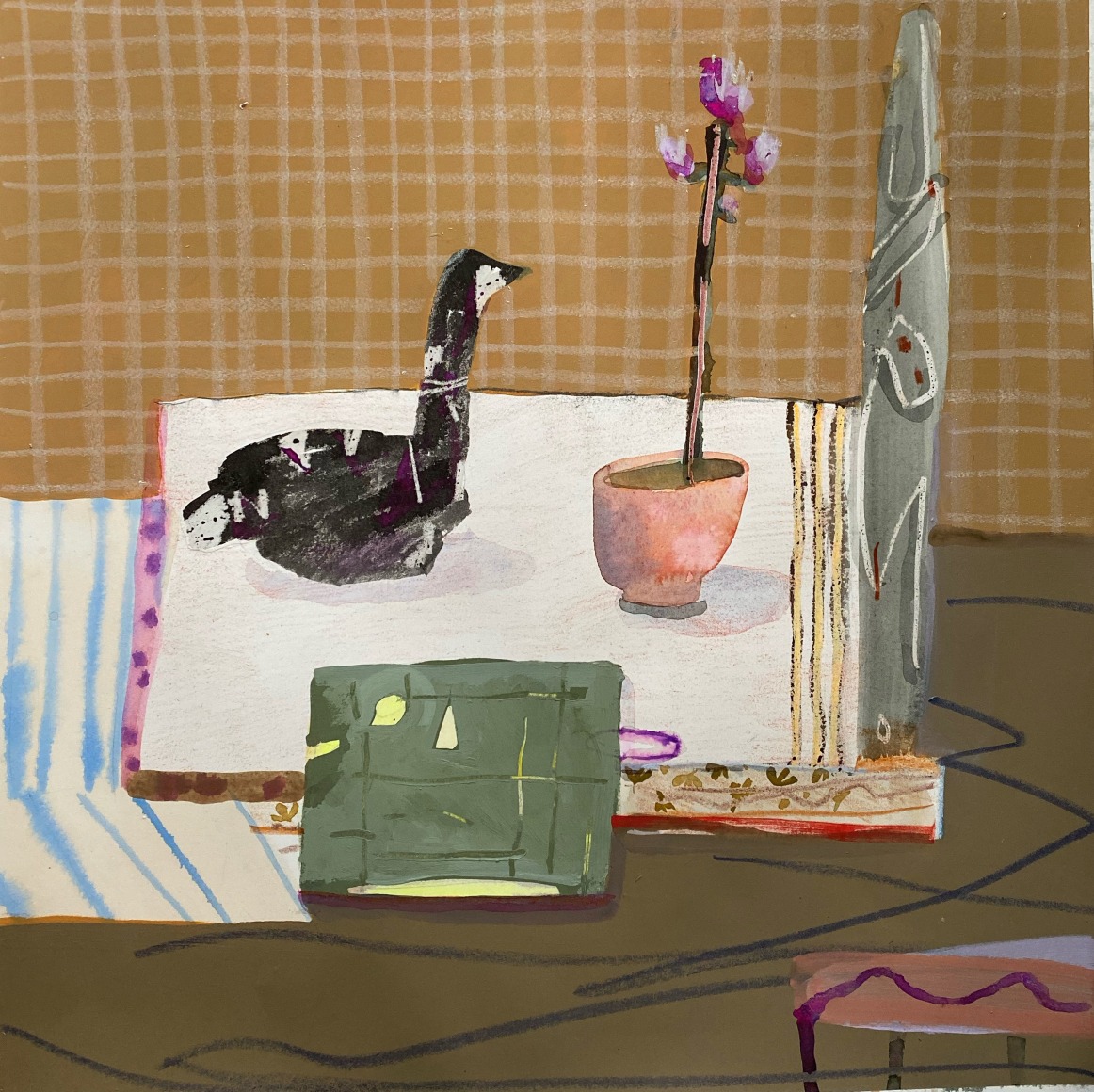 Erika Wastrom  Still life with Paper Goose, 2020  Mixed media on paper  42.55 x 41.91 cm / 16 3/4 x 16 1/2 in  Framed: 55.24 x 52.70 cm / 21 3/4 x 20 3/4 in