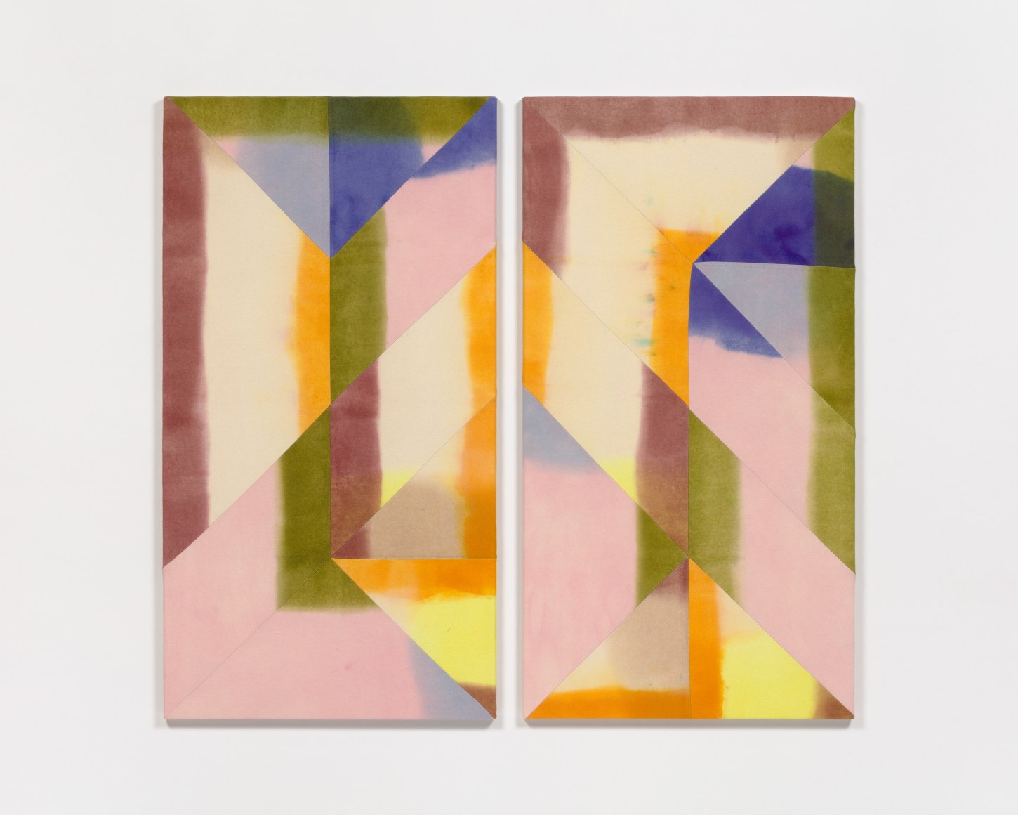 Wilder Alison (b. 1986)  yolk-knelt—the /r/s hum, 2021  Dyed wool and thread  2 parts, each 76 x 145 cm / 30 x 57 in SPACING: 5.5 cm / 2.25 in Total: 157.5 x 145 cm / 60.25 x 57 in