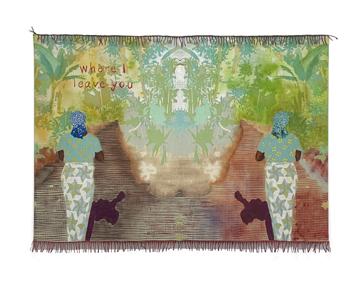 Malaika Temba  Where I Leave You, 2023  Jacquard woven, painted  119.5 x 170 cm | 47 x 67 in  Framed: 120 x 170 x 2 cm | 47 1/4 x 67 x 3/4 in