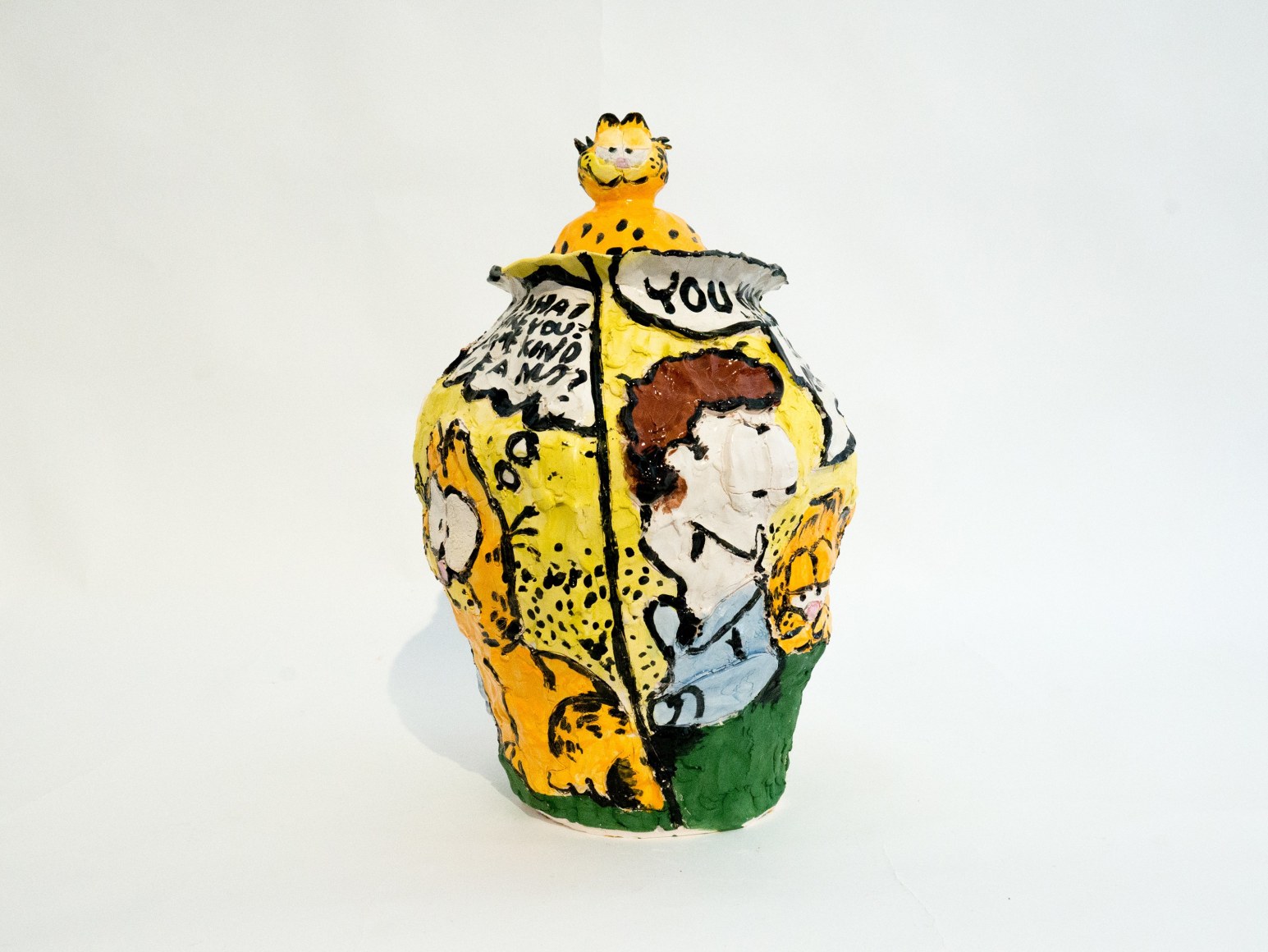 Emily Yong Beck  Garfield pot, 2022  Stoneware, glaze, majolica and underglaze  43 x 30.5 x 30.5 cm / 17 x 12 x 12 in