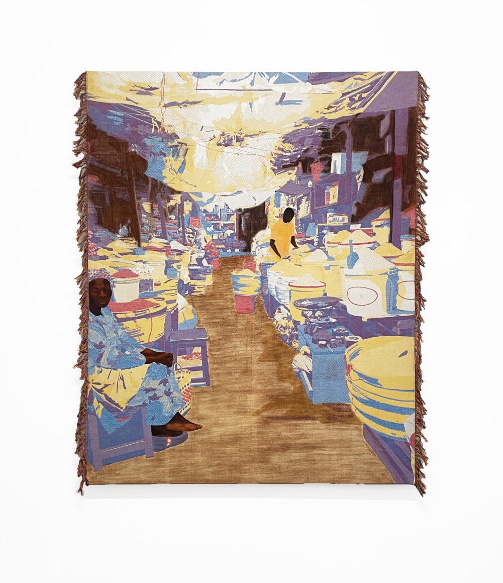 Malaika Temba  Soko/Souk, 2023  Jacquard woven fabric, pastel, acrylic paint  118 x 152.5 cm | 46 1/2 x 60 in  Framed: 150 x 120 x 2 cm | 59 x 47 x 1 in