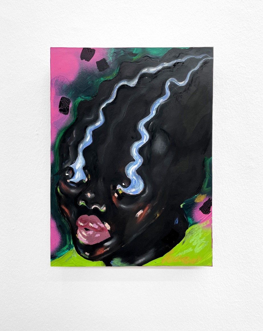 Patricia Renee' Thomas  Did you Hear?, 2023  Acrylic, pastel, ink, spray paint, collage on board  30.5 x 23 cm | 12 x 9 in