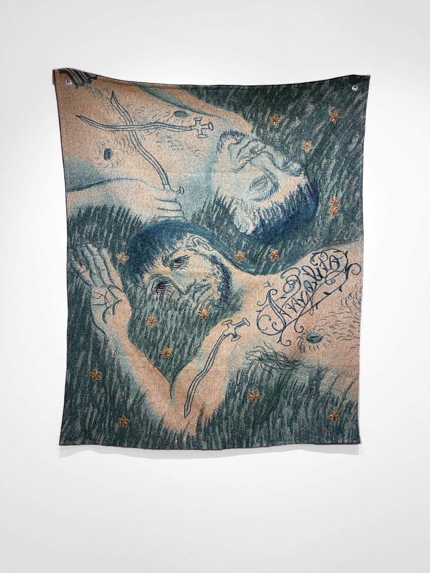 Juan Arango Palacios  The Shade of a Tree, 2023  Embellishments on machine-woven cotton tapestry  139.5 x 114.5 cm / 55 x 45 in