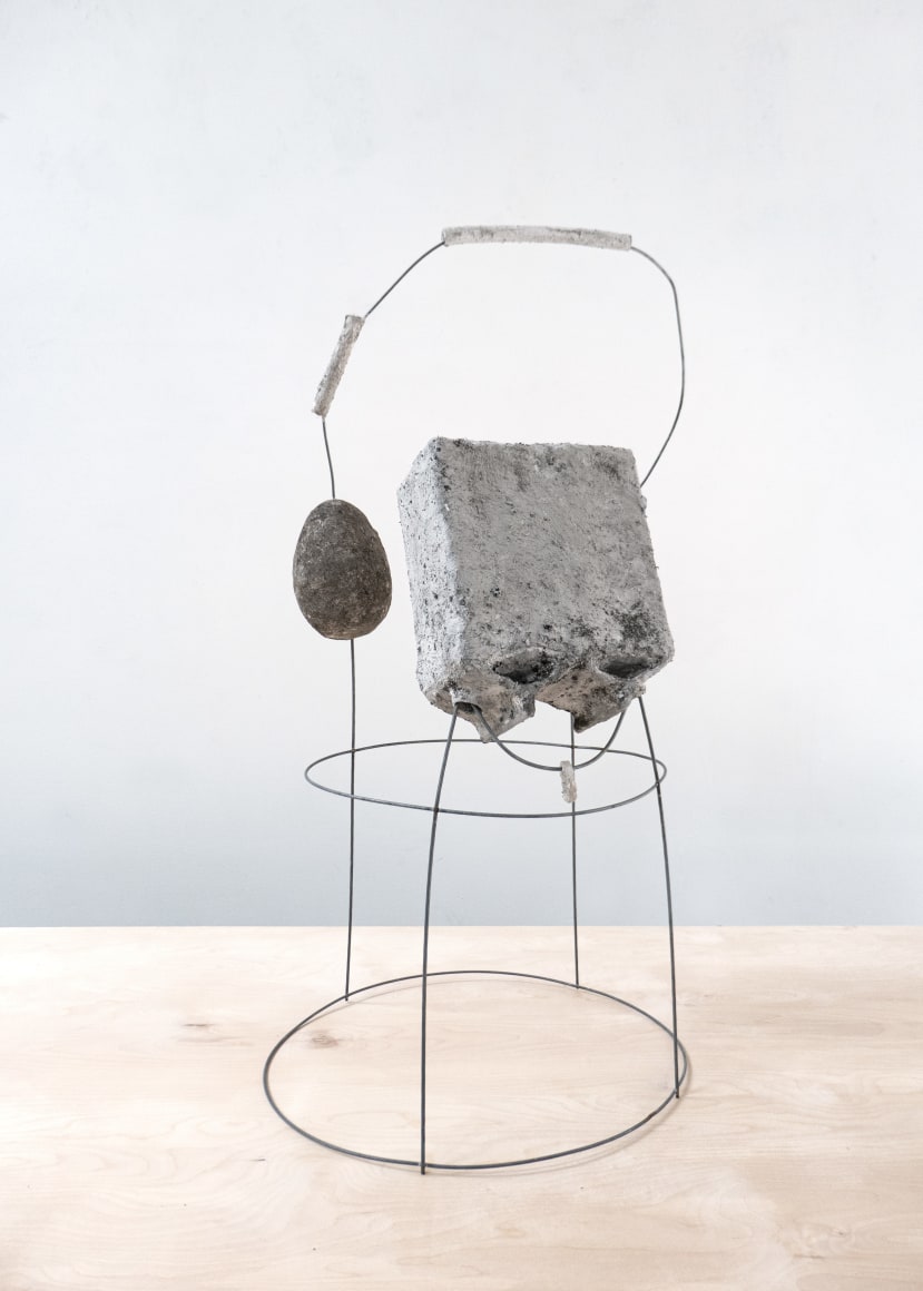 Erin Woodbrey  Harbinger (From the Carrier Bag Series), 2020  Single-use containers, foam, ash, plaster, and gauze  83.8 x 40.6 x 45.7 cm / 33 x 16 x 18 in