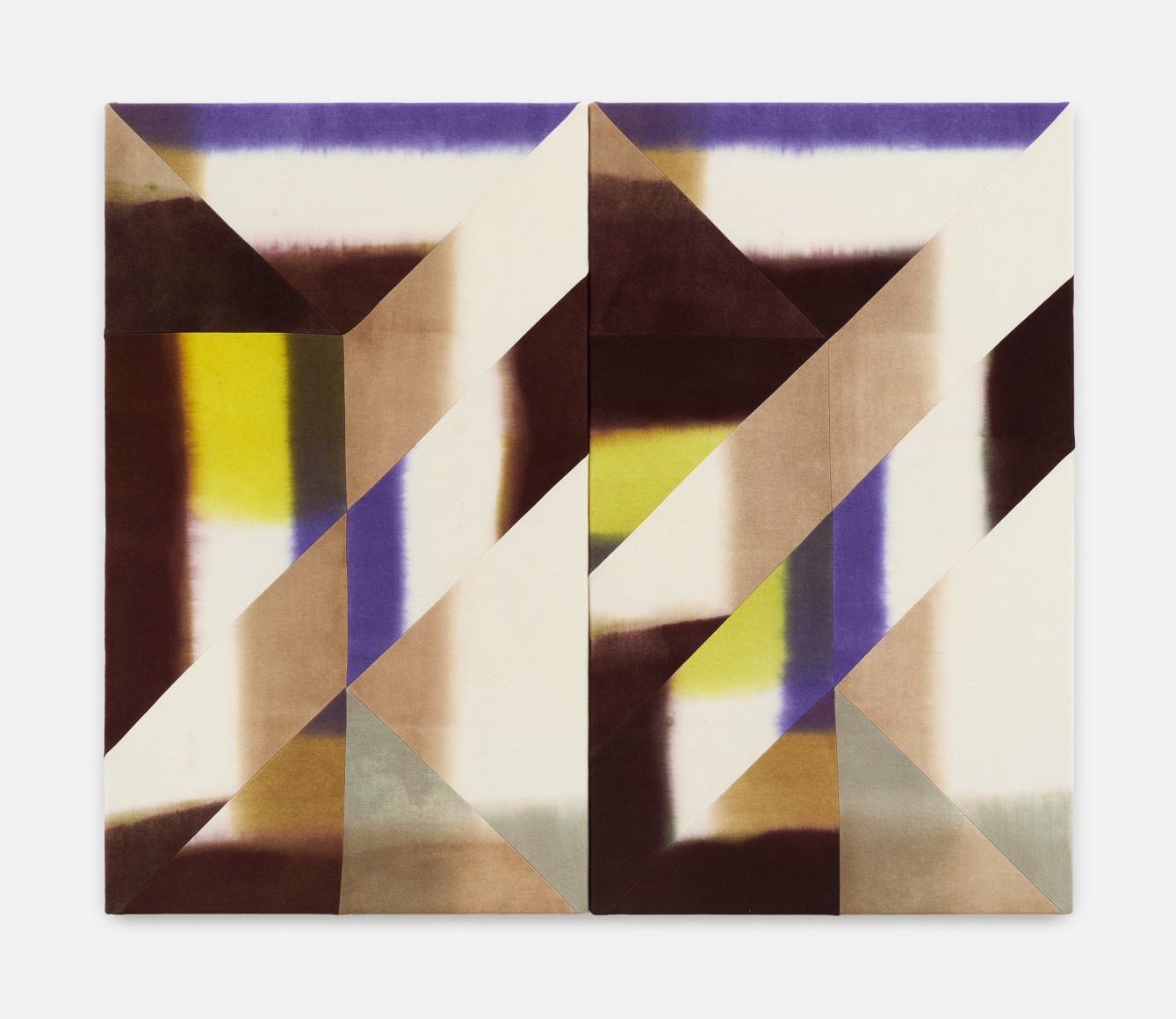 Wilder Alison  breaks or loosens the yolk, greening, slant&mdash;fed, 2022  Dyed wool and thread  2 parts, each 122 x 72 cm / 48 x 28 1/3 in Total: 122 x 144 cm / 48 x 56 3/4 in