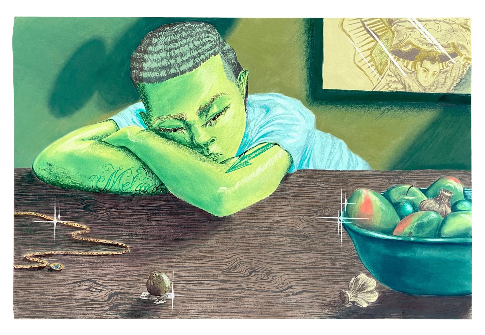 Juan Arango Palacios  Naturaleza Muerta, 2022  Pastel and colored pencil on paper  60.9 x 91.4 cm 24 x 36 in