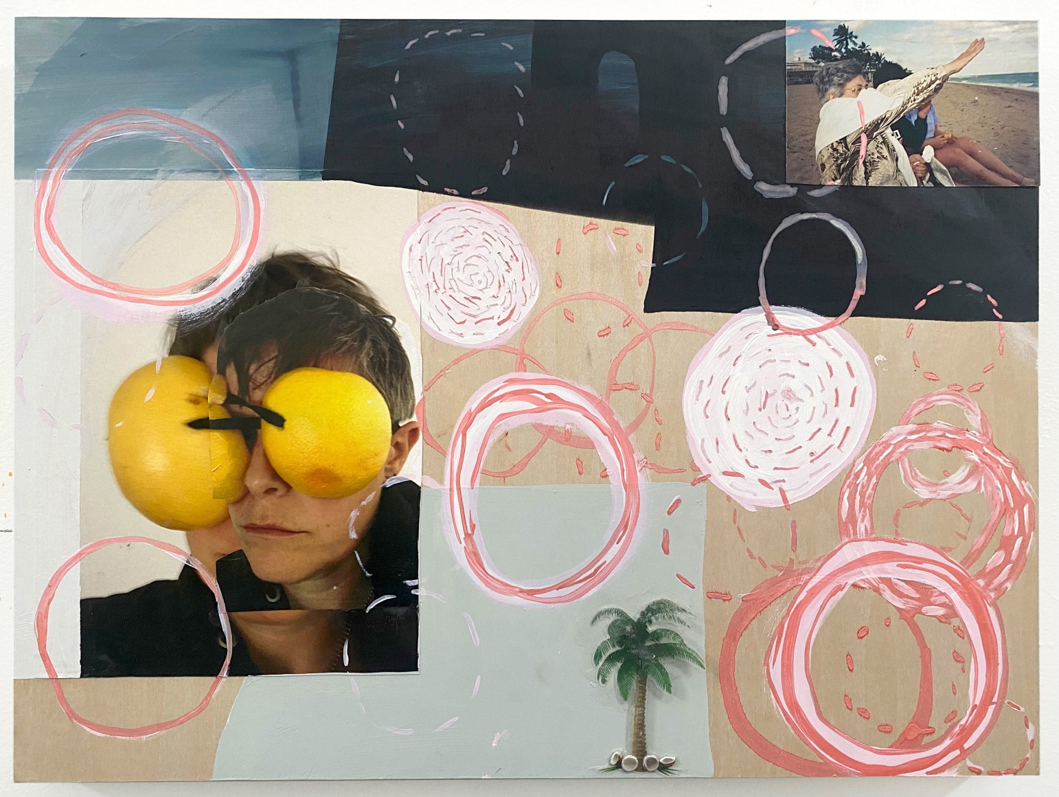 Dani (Leventhal) ReStack  Homage to Chris Marker, 2021  Photographs, stickers, acrylic, metallic ink, on panel  40.6 x 61 cm / 20 x 24 in