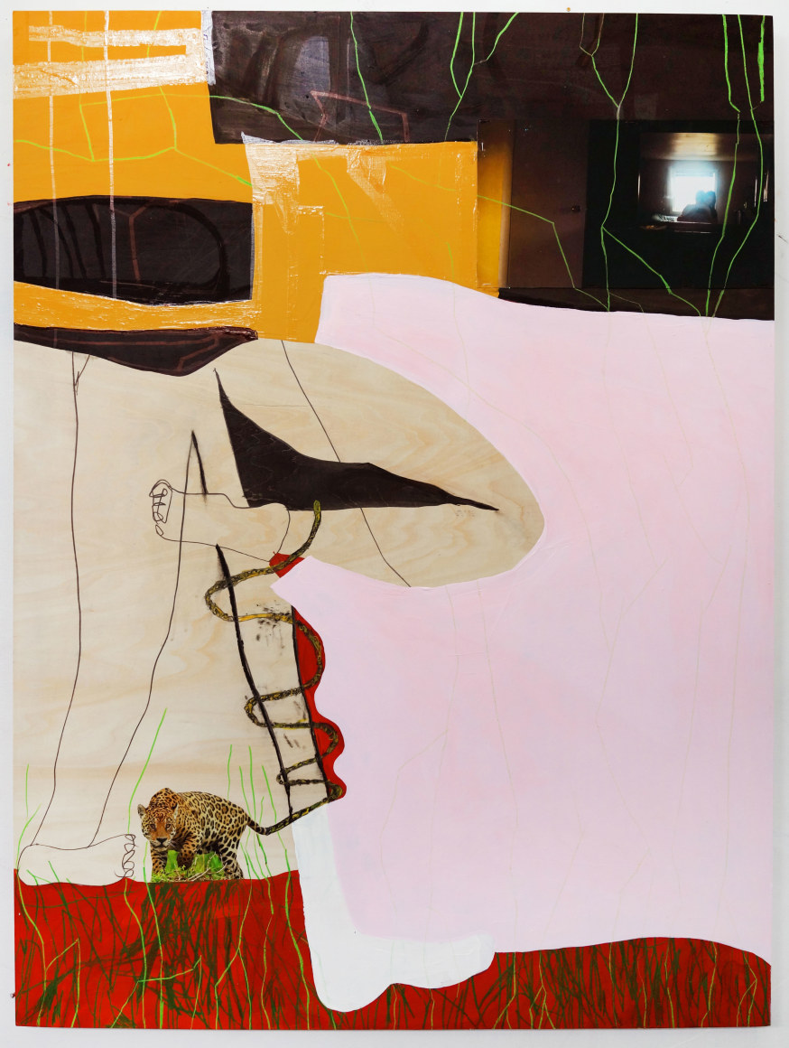 Dani (Leventhal) ReStack  Tube Socked, 2021  Video screen shots from "Future From Inside" by Dani + Sheilah ReStack, acrylic, graphite, gouache, charcoal, tattoo sticker on panel  121.9 x 91.4 cm / 48 x 36 in