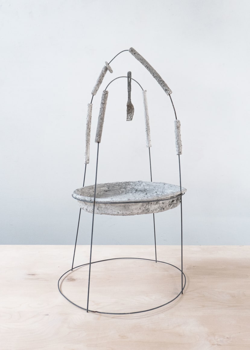 Erin Woodbrey  Smorgasbord (From the Carrier Bag Series), 2020  Single-use containers, ash, plaster, and gauze  78.7 x 78.8 x 78.8 cm / 31 x 14 x 14 in