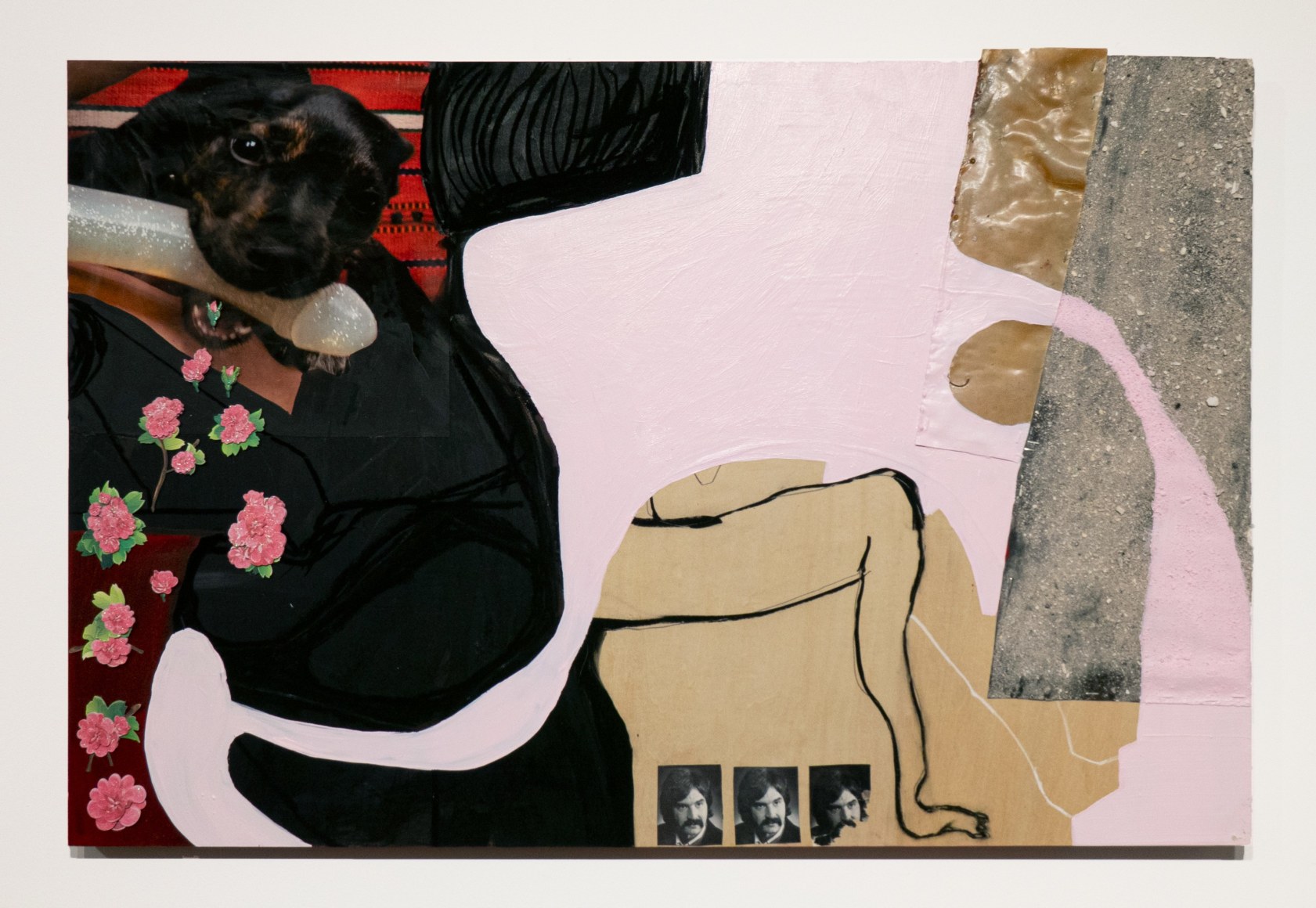 Dani (Leventhal) ReStack  Finny, 2021  Photographs, video screen shots from &ldquo;Come Coyote&rdquo; by Dani + Sheila ReStack, stickers, charcoal, deer hide, ashes from Doug and Betsy Ellson (Dani&rsquo;s grandparents) on panel  61 x 91.4 cm / 24 x 36 in