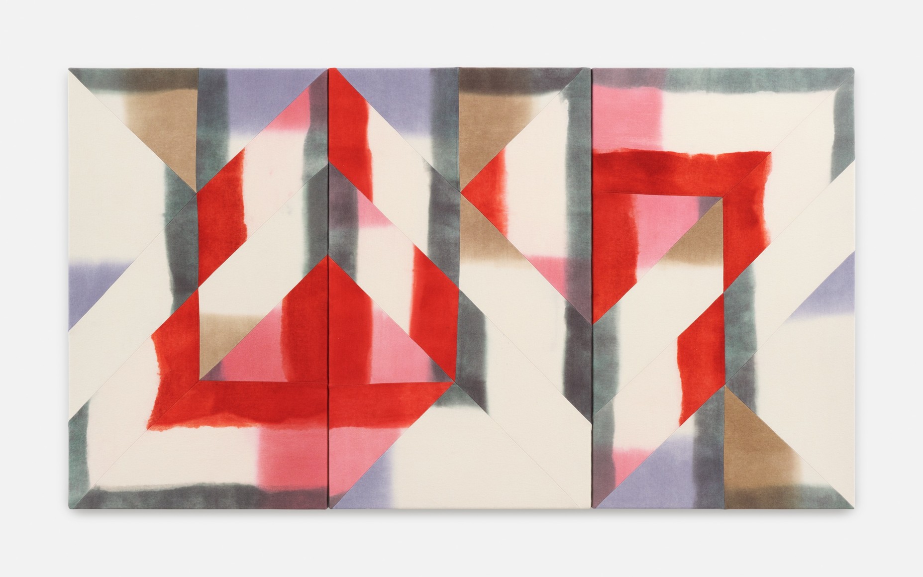 Wilder Alison  s/eve s/lent scarlet (W w extant arm), 2022  Dyed wool and thread  Three parts, each 122 x 72 cm / 48 x 28 1/4 in Overall dimension: 122 x 216 cm / 48 x 85 in