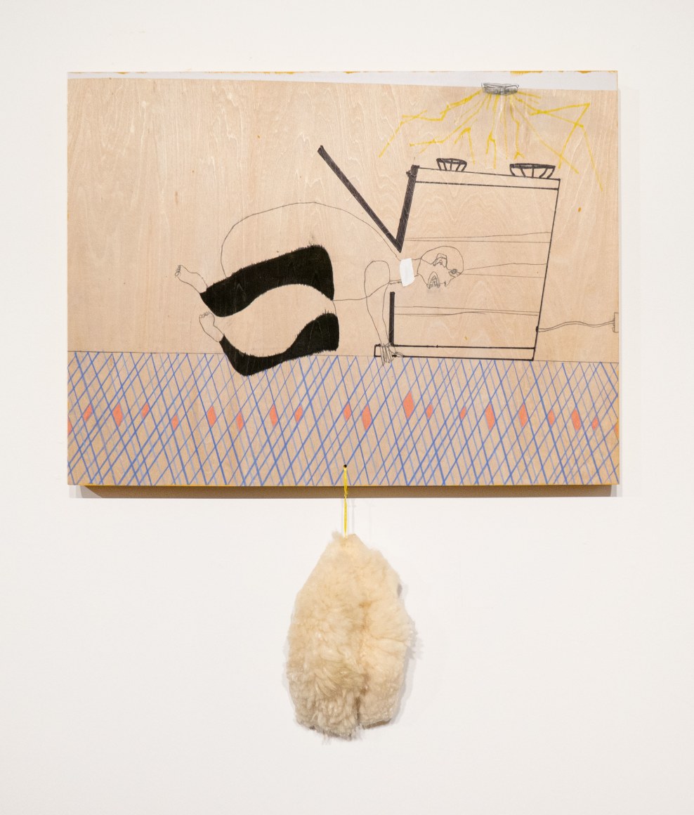 Dani (Leventhal) ReStack  Gassing, 2021  colored pencil, gauche, wool, and ribbon on panel  73.7 x 61 cm / 29 x 24 in