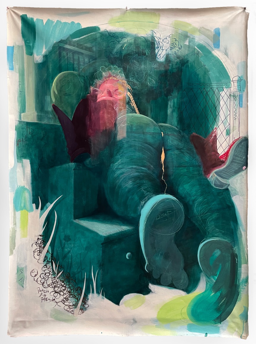 Autumn Wallace  Guurl y u lyin', 2022  Acrylic, oil, pastel, and gold leaf on canvas  150 x 110 cm / 59 x 43 1/3 in