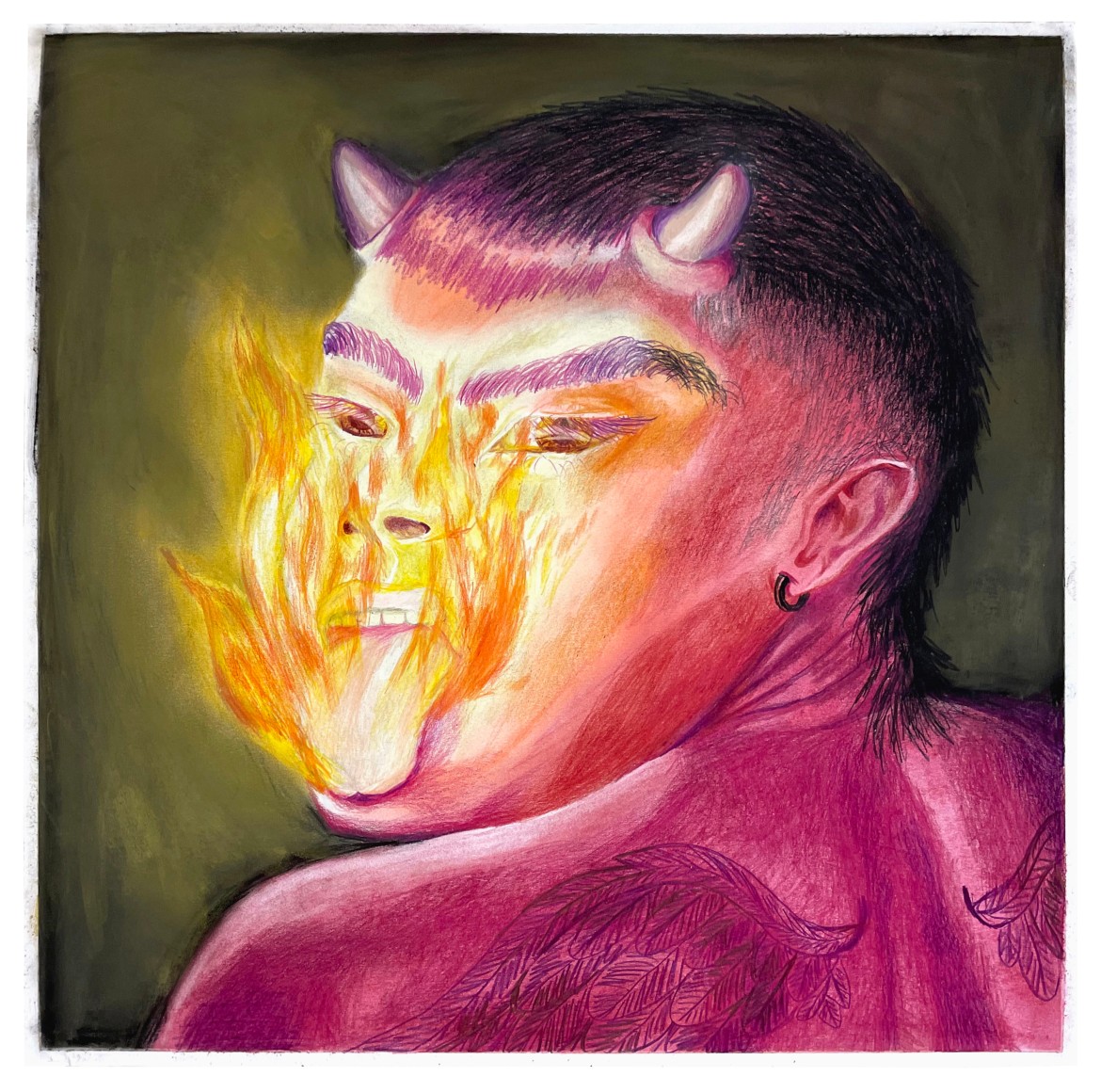 Juan Arango Palacios  Tiene Fuego en la Boca, Que Quema y me Provoca, 2022  Pastel and colored pencil on paper  45.7 x 45.7 cm / 18 x 18 in