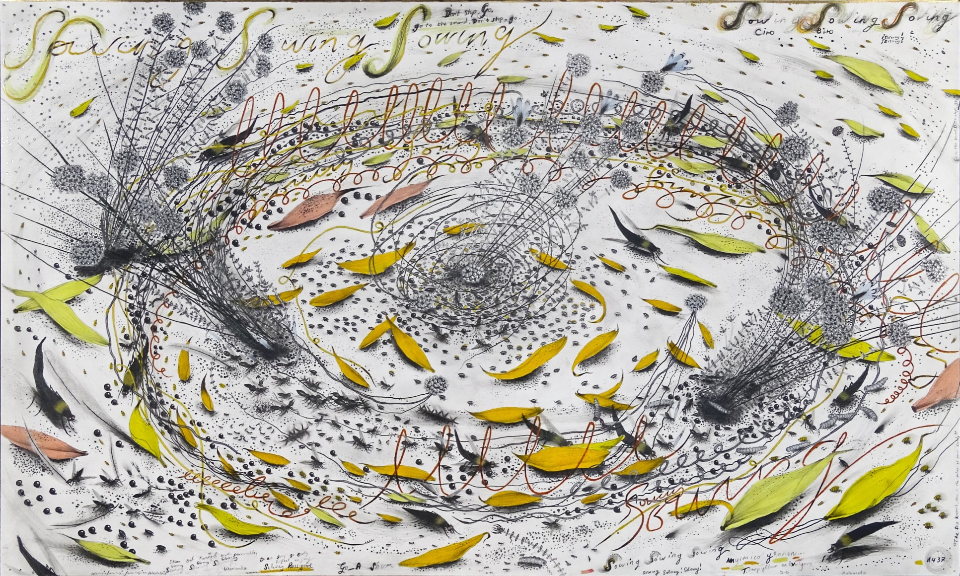 Hipkiss  Myrmica and Arion, 2023  Graphite, silver ink, metal leaf and colored pencil on Fabriano 4 paper.  60 x 100 cm | 23 1/2 x 39 1/4 in