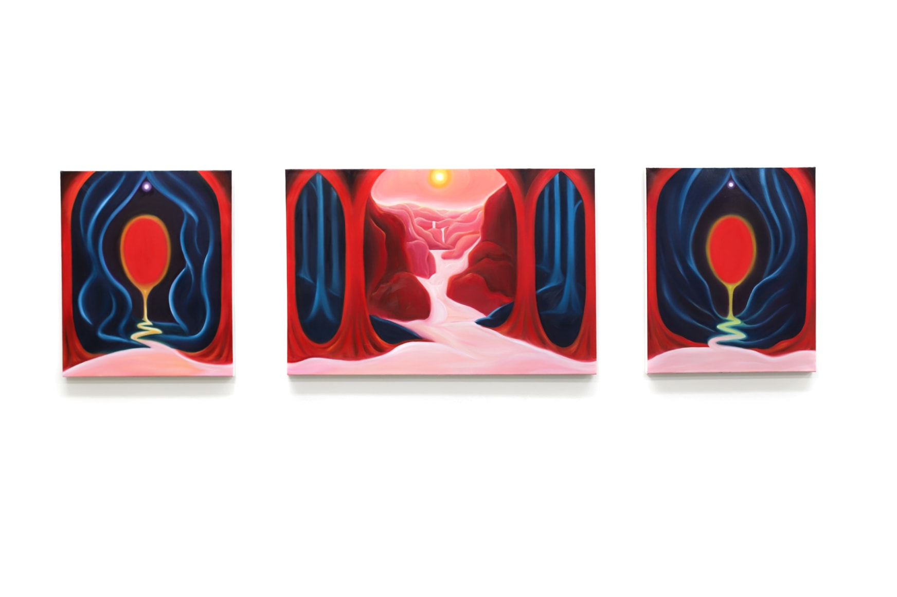 Zoe McGuire  Guardians, 2022  Oil on canvas  Triptych - Total with 6 inches in-between 61 x 223.5 cm / 24 x 88 in