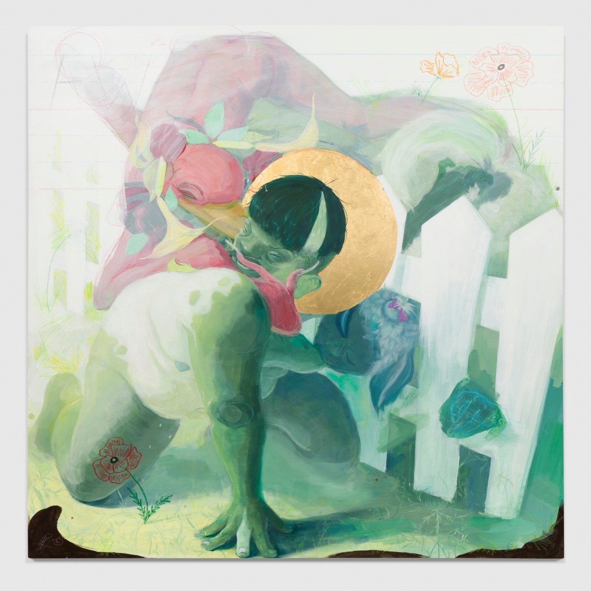 Autumn Wallace  Good Lookin',Out (a.k.a. Classic Holoalphabetic Scenario), 2021  Acrylic, oil, pastel, and gold leaf on PVC  122 x 122 cm / 48 x 48 in