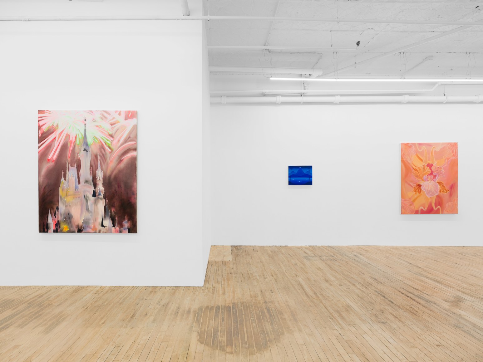 Three paintings hang on the wall. The large painting on the left shows a castle with fireworks in red and green in the background. A small blue monotone landscape painting depicting a mountain behind a pound in the center And a large orange-pink floral pattern large painting on the right.