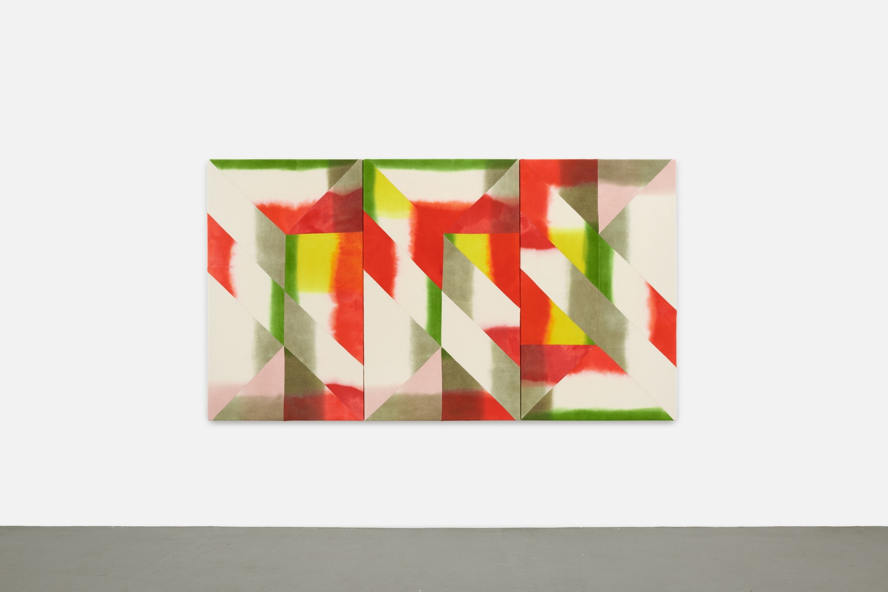 Wilder Alison (b. 1986)  yolk-led ve/ns torque, fe/nt, 2022  Dyed wool and thread  Three parts, each 122 x 72 cm / 48 x 28 1/4 in Overall dimension: 122 x 216 cm / 48 x 85 in