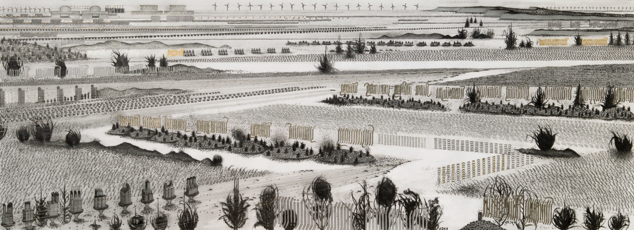 Hipkiss  Somerset Levels, 2021  Graphite, silver ink and colored pencil on 220 g/m2 Fabriano 4 paper  37 x 95 cm / 14 1/2 x 37 1/2 in