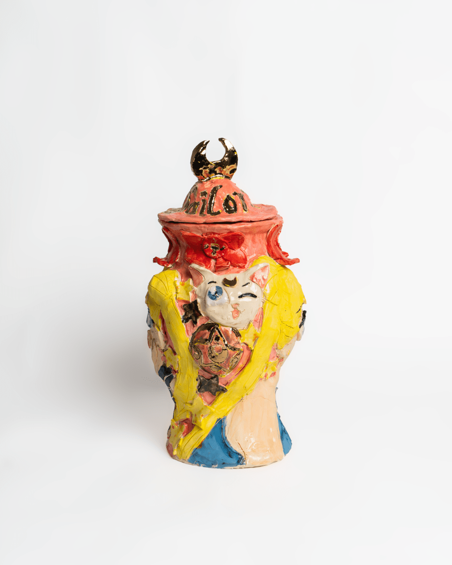 Emily Yong Beck  Sailor Moon Urn, 2023  Stoneware, majolica, glaze, and gold luster  37 x 21.5 x 20 cm / 14 1/2 x 8 1/2 x 8 in