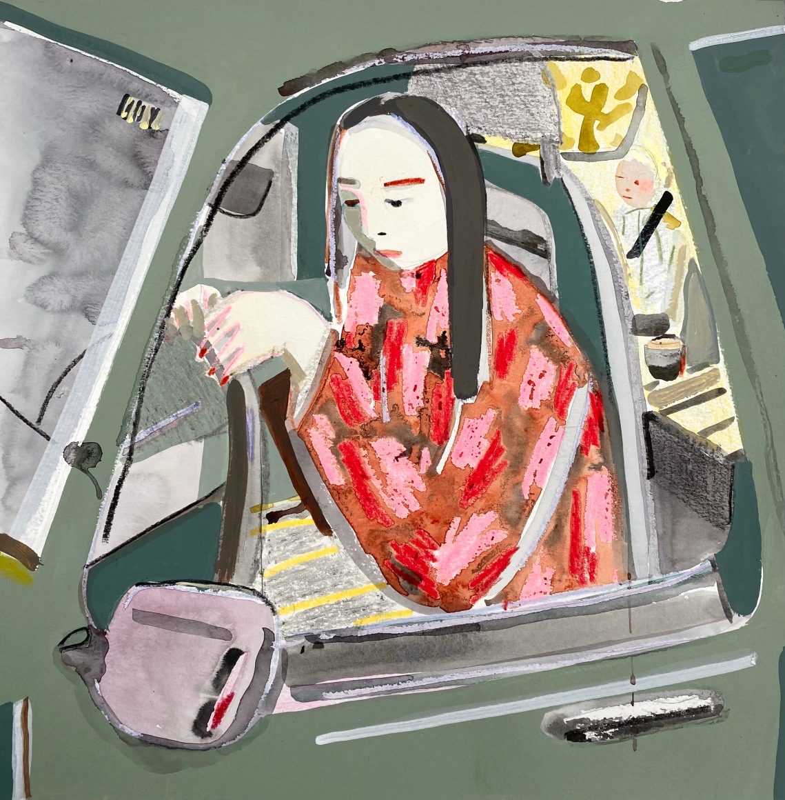 Erika Wastrom  In Our Cars, 2022  Mixed media on paper  46.3 x 45.7 cm / 18 1/4 x 18 in